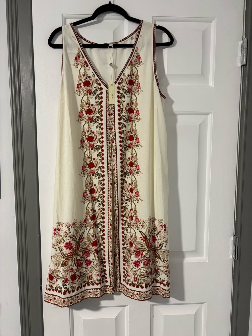Max Studio Cream Sleeveless Dress with Red & Gold Floral Embroidery